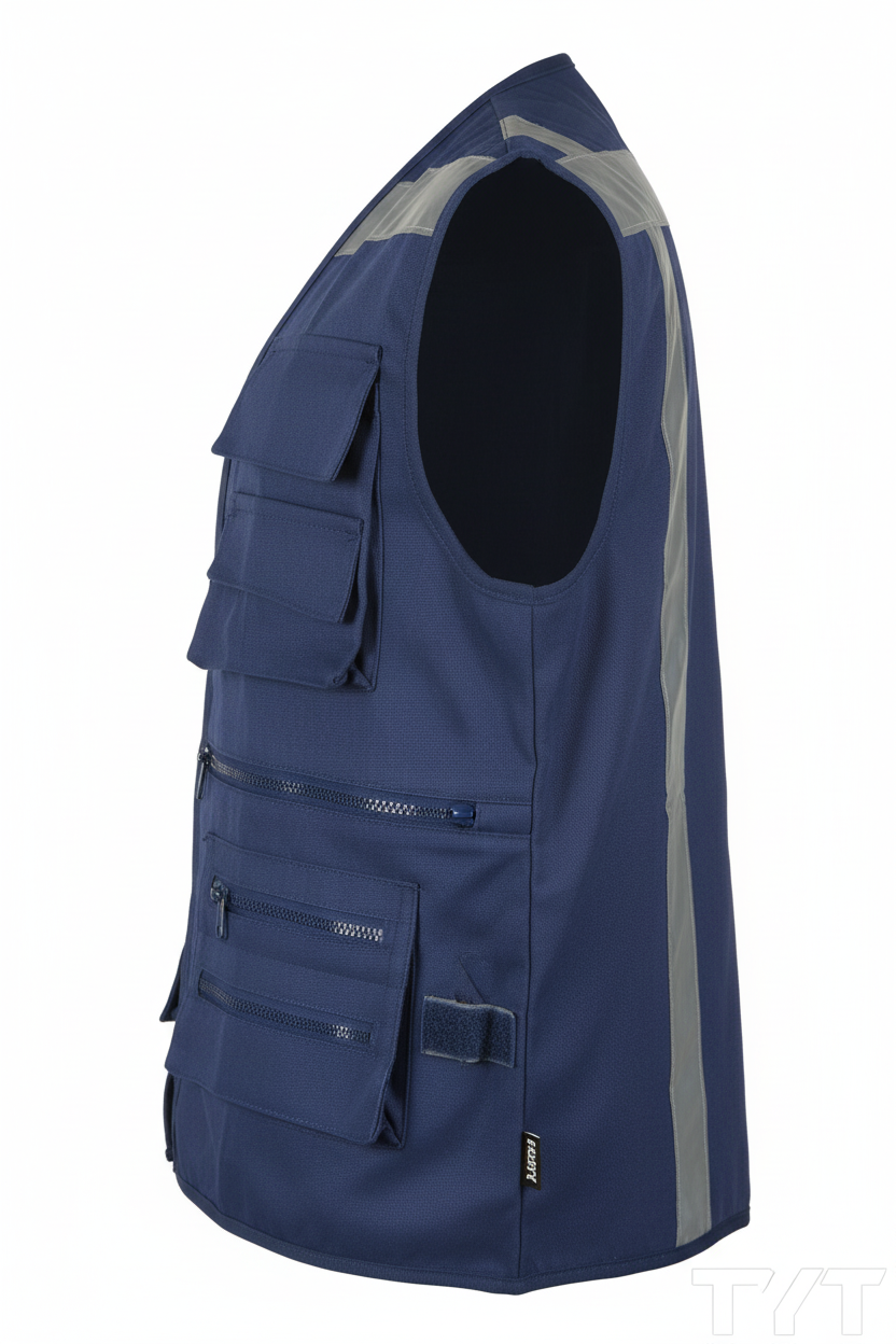 Chaleco Maritex azul - Vista lateral con marca TYT