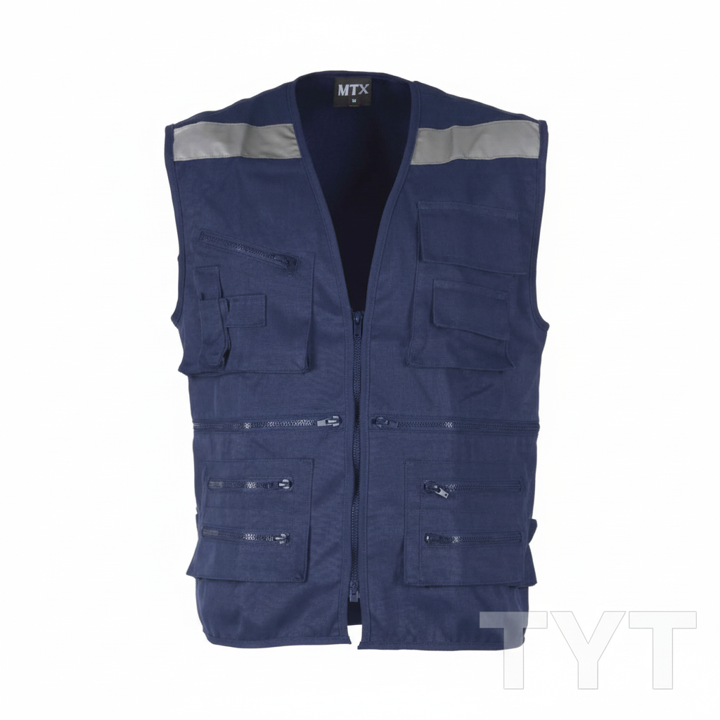 Chaleco Maritex Poplin azul - Vista frontal con marca TYT