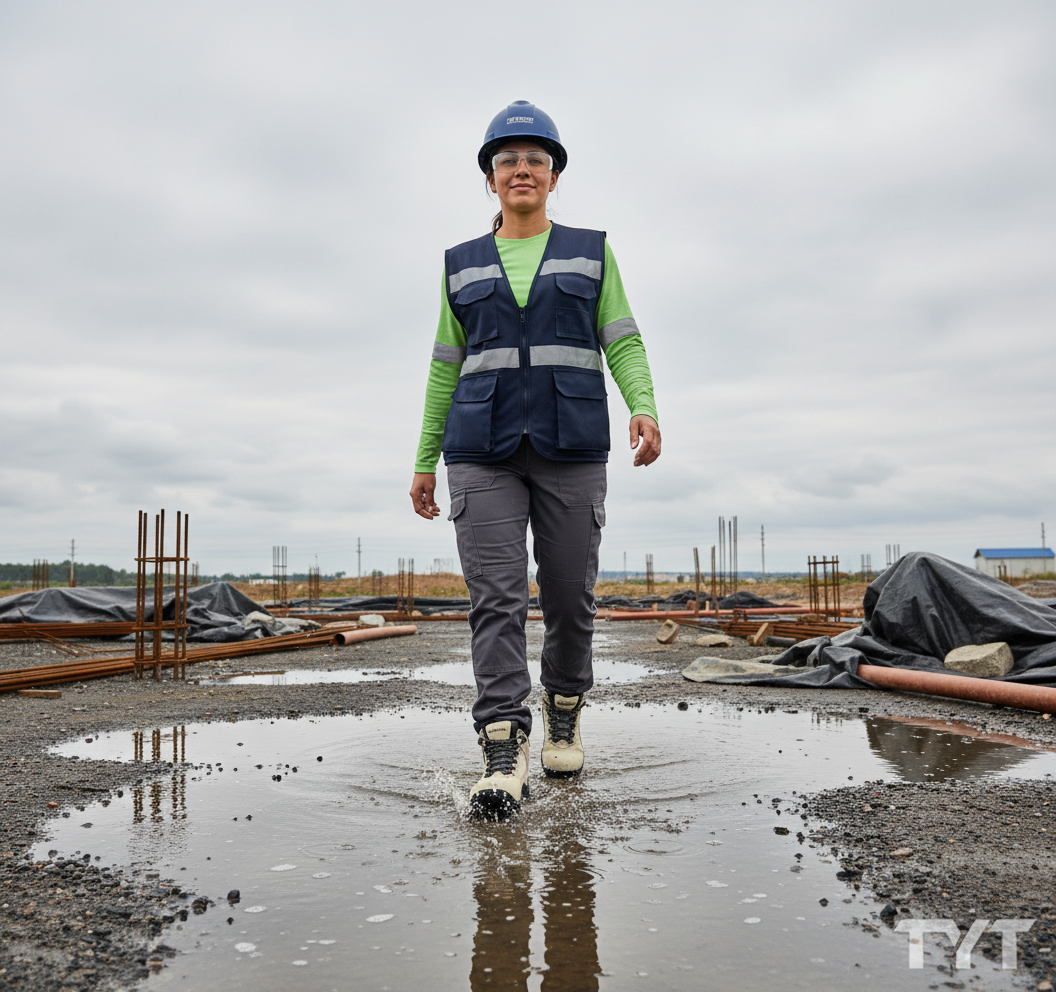 Modelo latina usando botines Edelbrock ED 103 ingresando a obra mojada con marca TYT