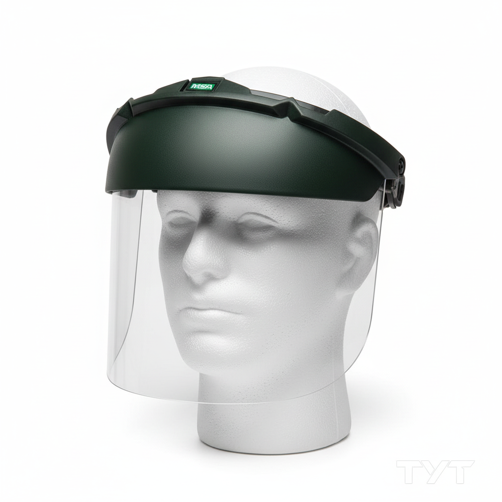 Protector facial MSA V-Gard en cabeza de yeso con marca TYT