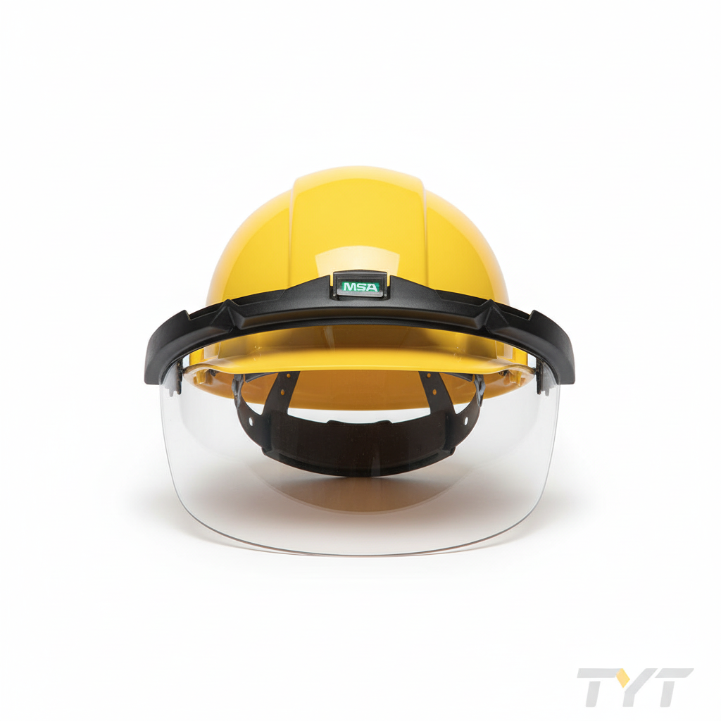 Protector facial MSA V-Gard - Vista frontal con marca TYT