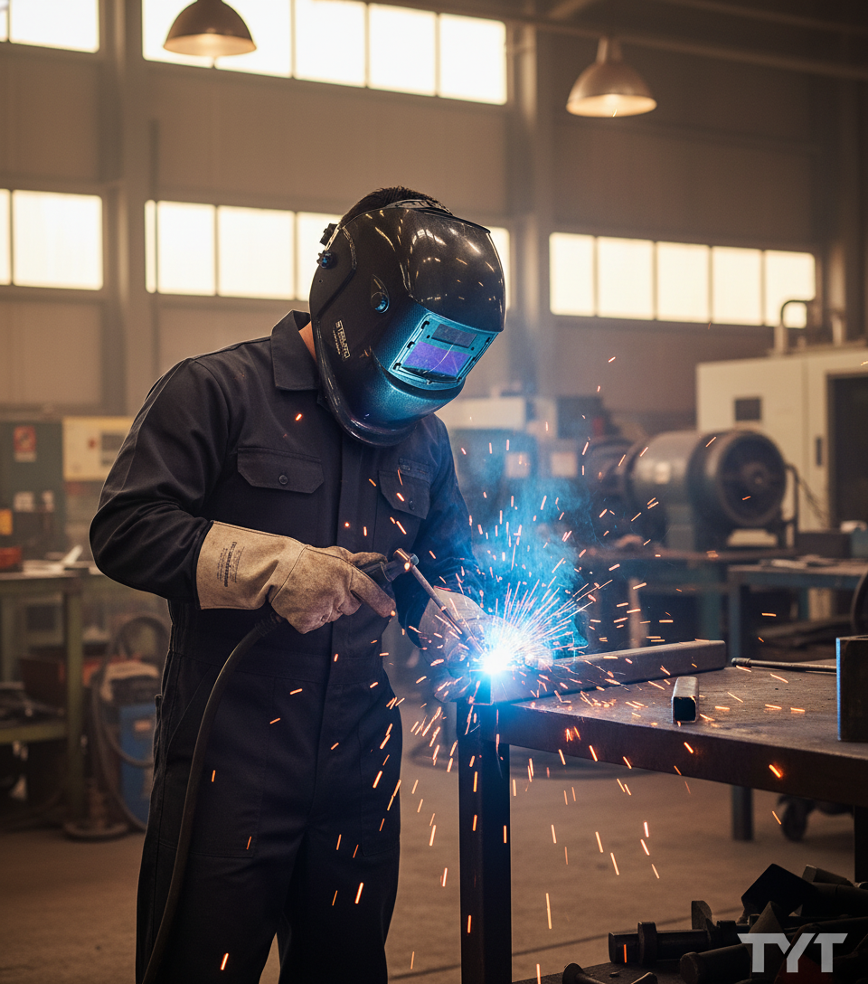 Soldador latino usando máscara Steelpro Optech con marca TYT
