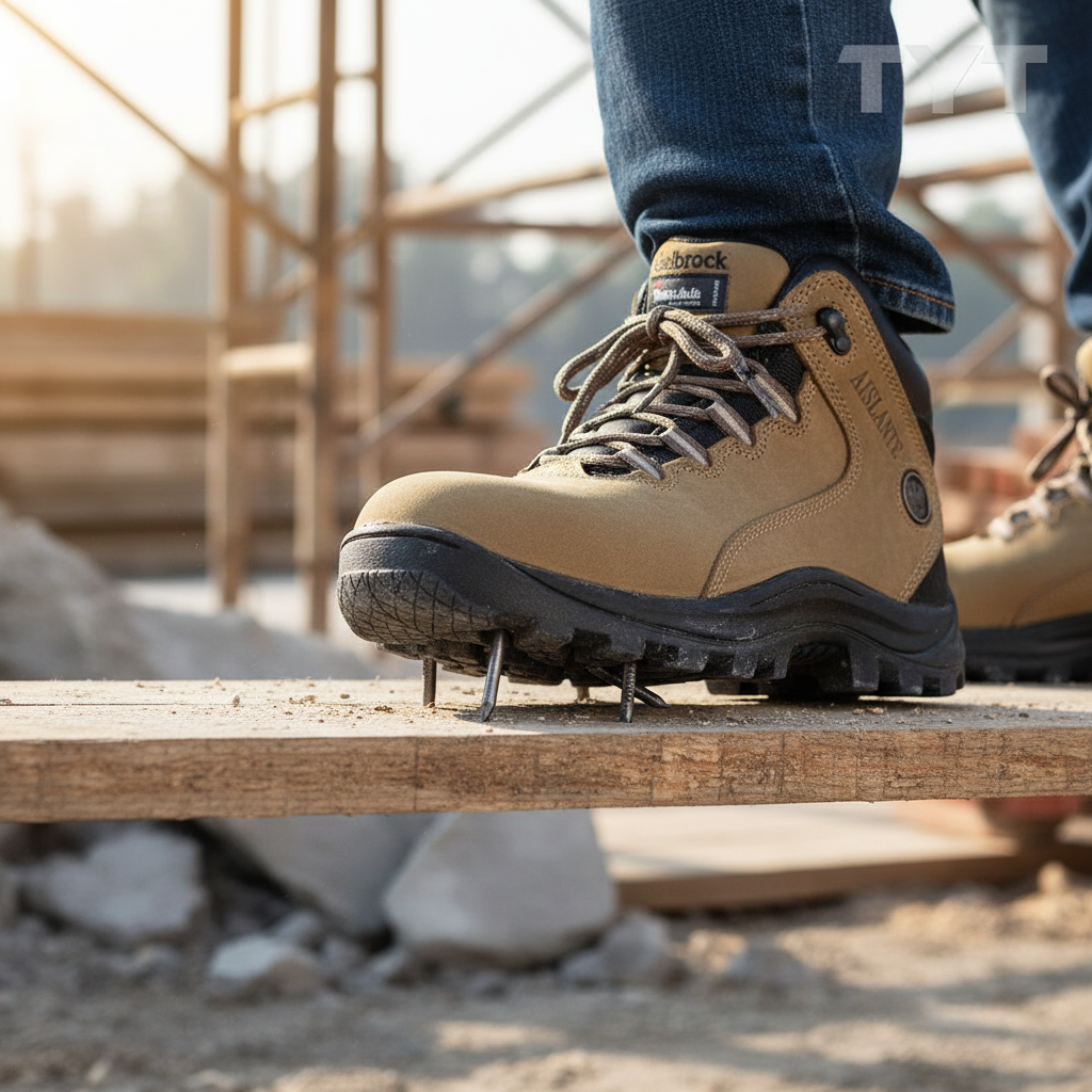 Trabajador latino usando botines Edelbrock ED 106 pisando un palo con clavos con marca TYT