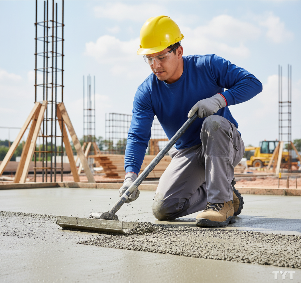 Trabajador latino usando zapatos Edelbrock ED 106 Plus en loza de cemento con marca TYT