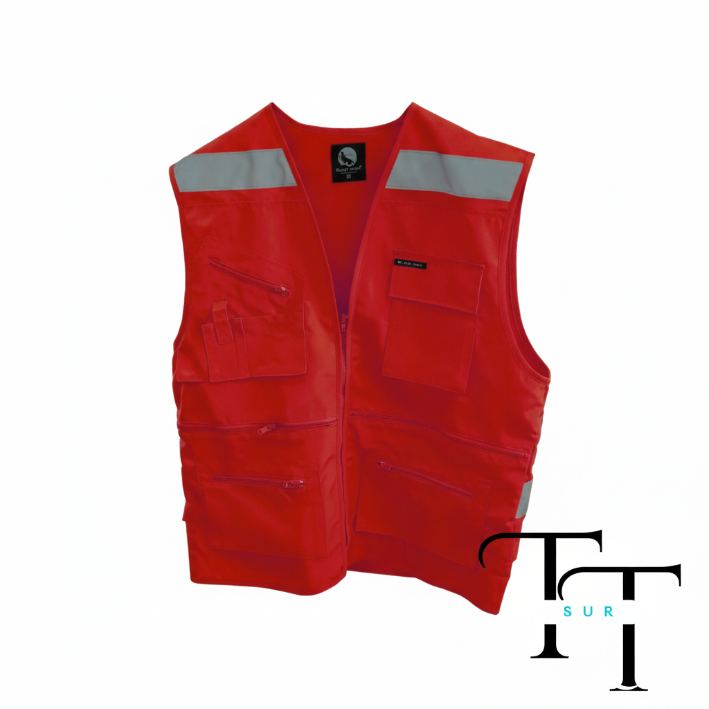 Vista frontal del chaleco rojo