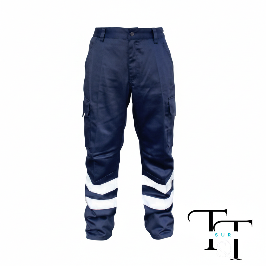 Vista frontal del pantalón cargo azul